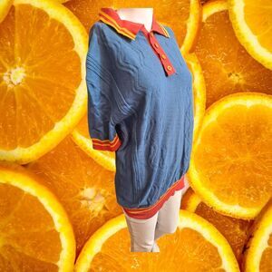 OXKNITSTORE‎ Retro Knit Polo Shirt Blue Orange Striped Collar Vintage Style L